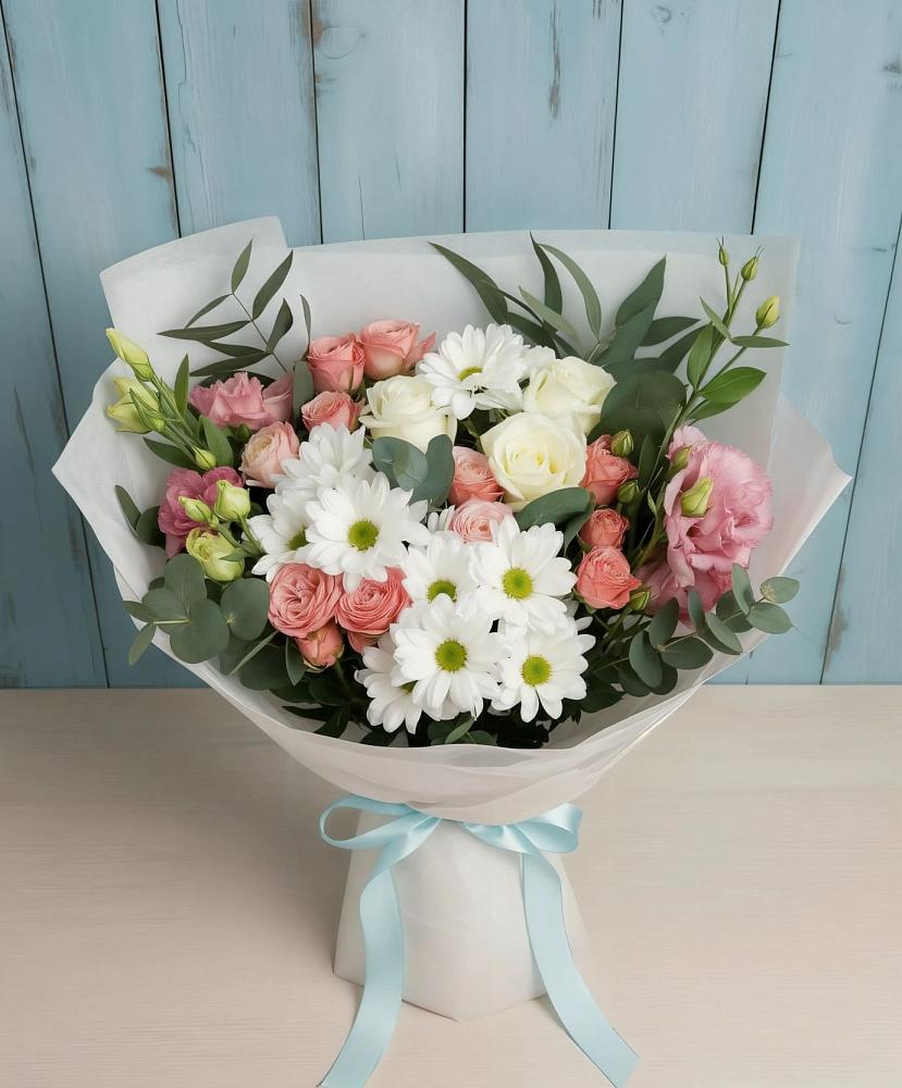 Букет цветов из: Розы, Лизиантусы и Хризантемы в Русско-Высоцкое