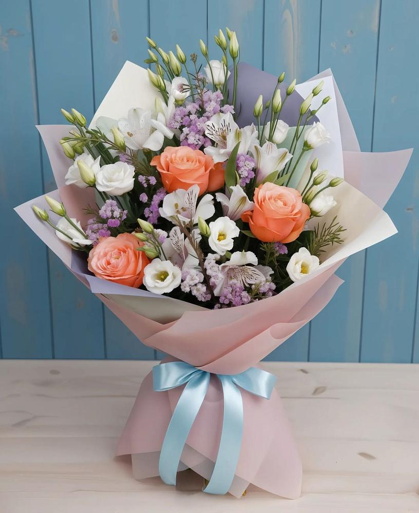 Букет цветов из: Лизиантусы, Розы, Альстромерии и Гипсофила в Русско-Высоцкое