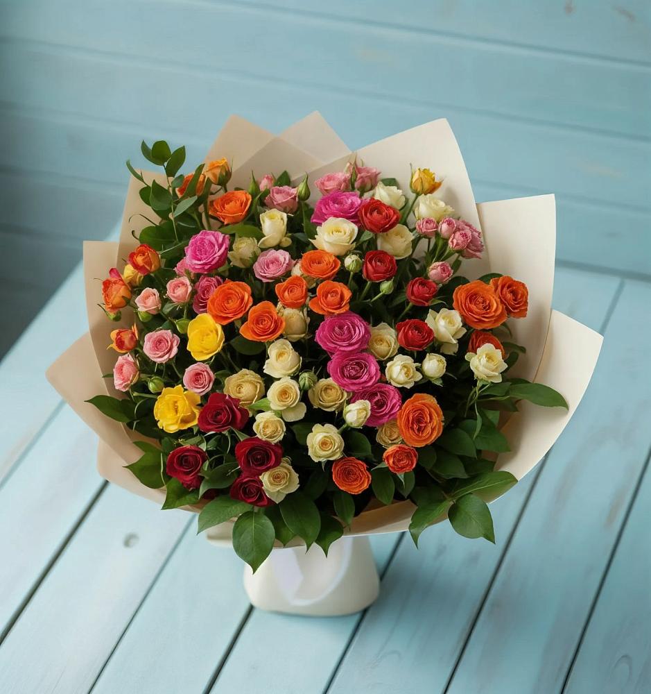 Букет Микс из разноцветных кустовых роз в Русско-Высоцкое