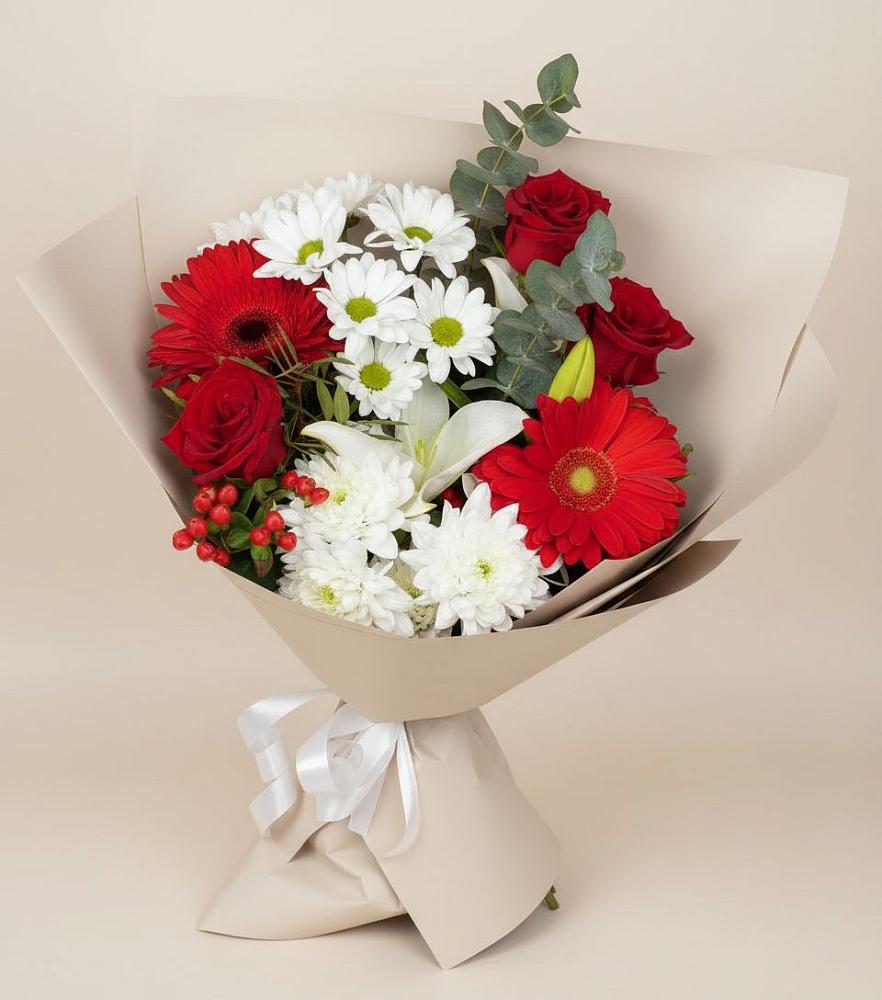 Букет цветов из: Розы, Хризантемы, Герберы и Лилии в Русско-Высоцкое