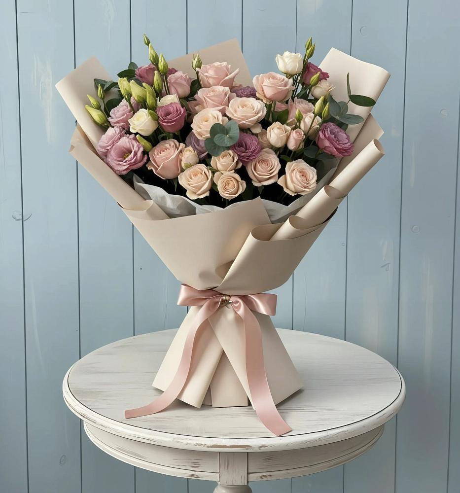 Букет цветов из: Розы и Лизиантусы в Русско-Высоцкое