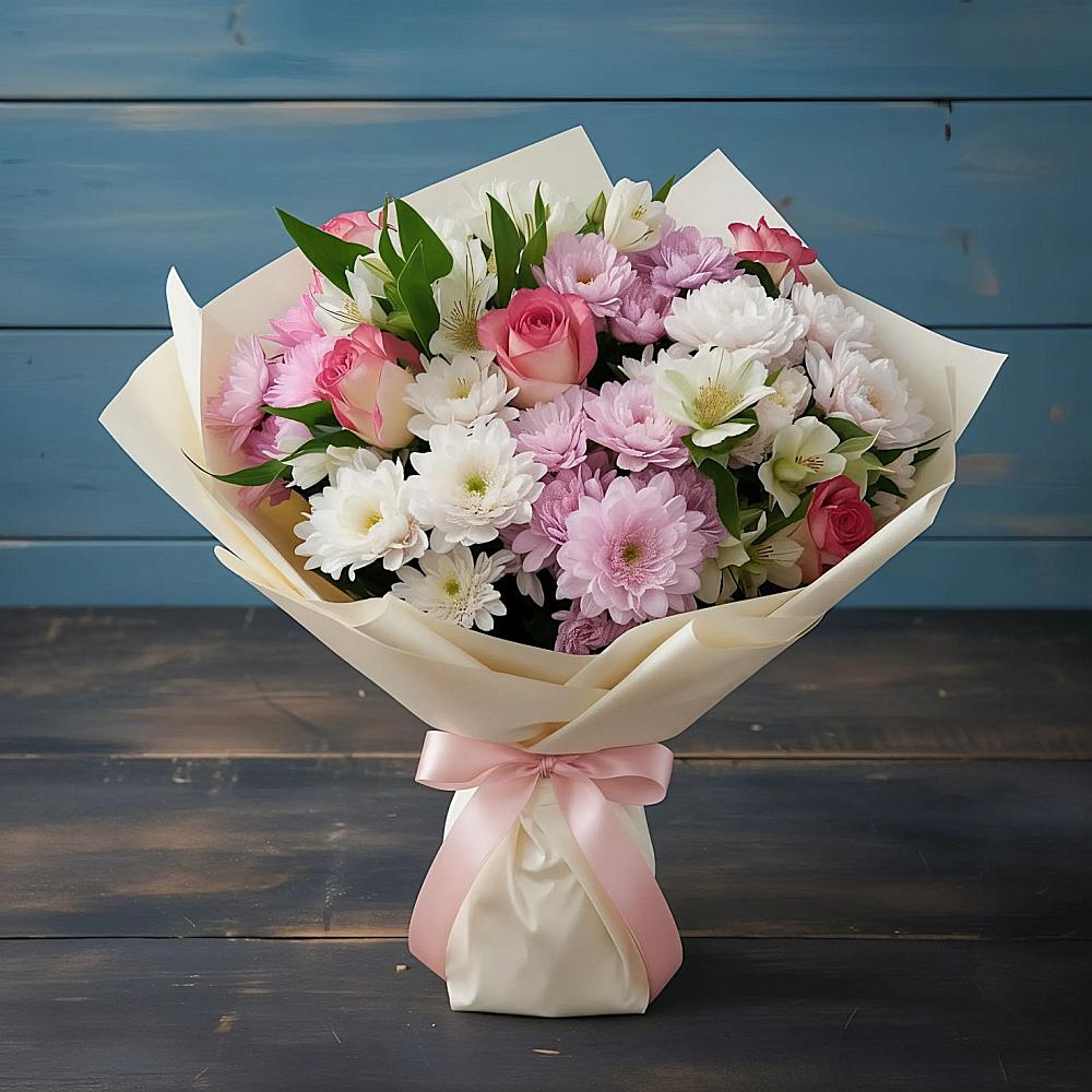 Букет цветов из: Хризантемы, Альстромерии и Розы в Русско-Высоцкое